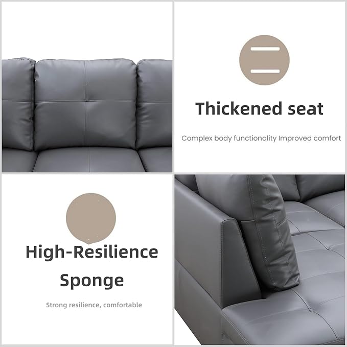 L Shaped Sectional Couches, Leather Couch Modular Sectional Sofa with Ottoman Storage, Modern L Shaped Couch with Chaise for Living Room Bedroom Apartment Furniture, Gray