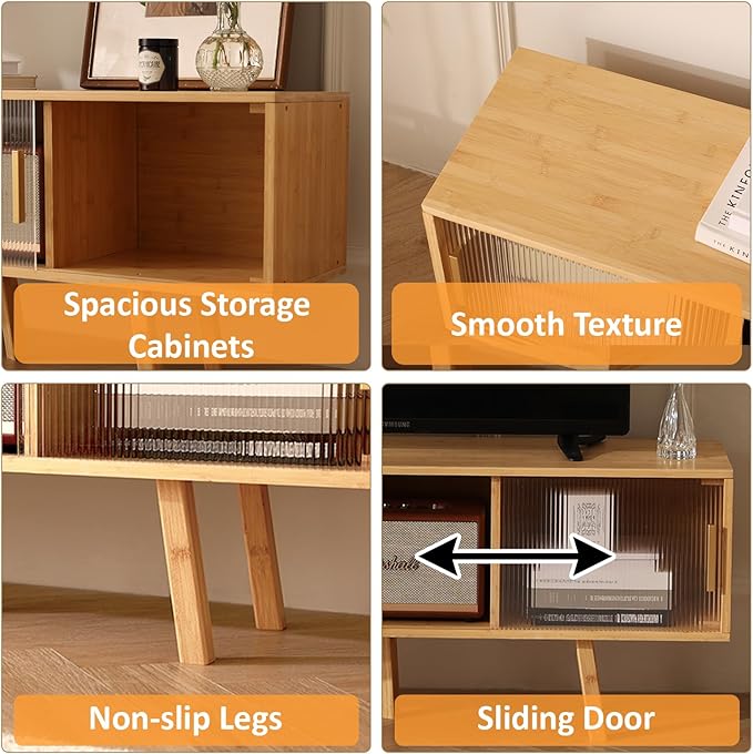 Bamboo TV Stand Entertainment Center- Mid-Century Modern Television Stand for 50 inch TVs, Bamboo Media Console Table, Open Storage Shelves for Living Room, Bedroom and Home Decor