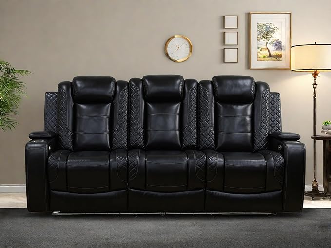 Leather Recliner Sofa Couch, 3-Seater Home Theater Seating Reclining Sofa, Power Reclining Couch with Cup Holders & Drop Down Table for Living Room Furniture Sets, Black