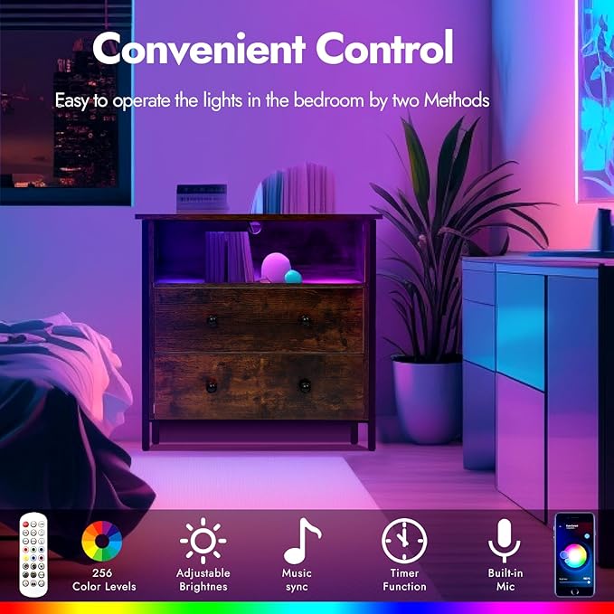 27 Inch Wide Night Stand, Large Wood Night Stand with 2 Drawers, LED Nightstand with Charging Station and Adjustable Drawer, Bedside Table for Living Room/Bedroom/Study/Office, Retro.