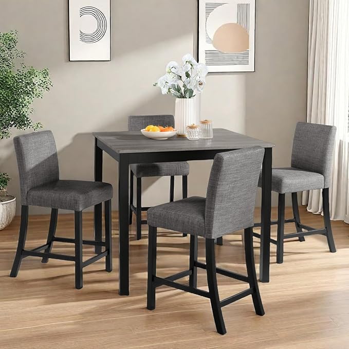 Dining Table Set for 4, 5-Piece Kitchen Table & Chairs Set with Square Wooden Table & 4 Upholstered Chairs, 35.5'' Dinner Set with Solid Wood Legs & Curved Backrest for Kitchen, Black