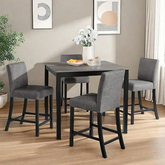 Dining Table Set for 4, 5-Piece Kitchen Table & Chairs Set with Square Wooden Table & 4 Upholstered Chairs, 35.5'' Dinner Set with Solid Wood Legs & Curved Backrest for Kitchen, Black