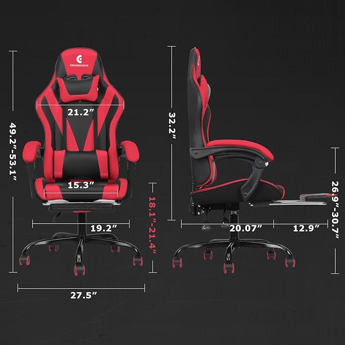 Gaming Chair with Linkage Armrest & Footrest, High Back Video Gaming Chair, Black/Red