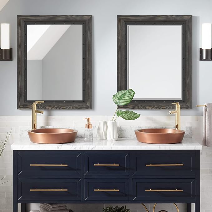 YOSHOOT Rustic Wooden Framed Wall Mirror, 30"x20", Natural Wood and Iron Bathroom Vanity Mirror for Farmhouse Decor, Vertical or Horizontal Hanging