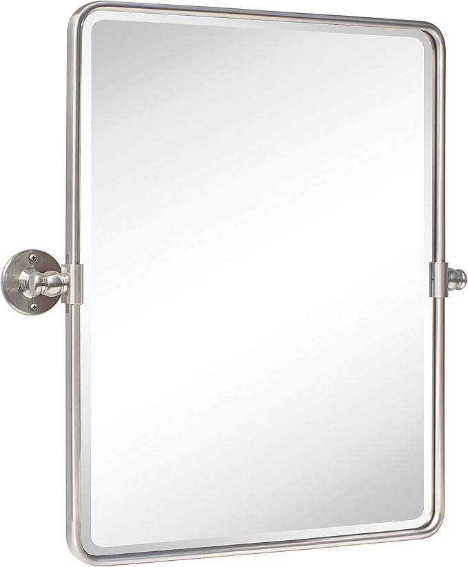TEHOME 20 x 24 inch Farmhouse Nickel Metal Framed Pivot Rectangle Bathroom Mirror Rounded Rectangluar Tilting Beveled Vanity Mirrors for Wall