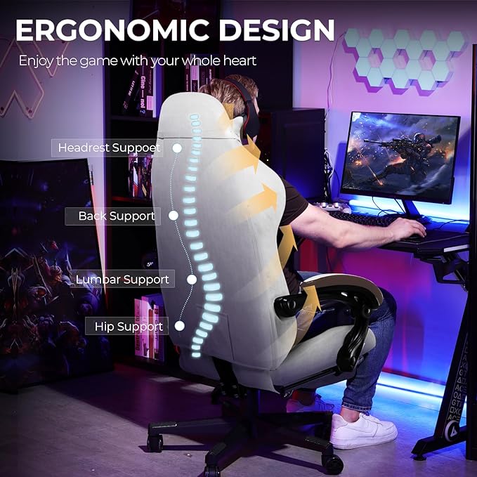 GTPLAYER Gaming Chair Fabric with Footrest, Big and Tall Game Chair High Back Computer Office Chair with Lumbar Support for Adults, Ergonomic Swivel Games Chair with Cushion Gaming Brown
