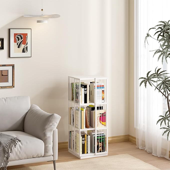 Square Rotating Bookshelf Tower - 360 Spinning Display Corner Bookcase for Narrow Space, Modern 3-Tier Revolving Storage Shelf, White