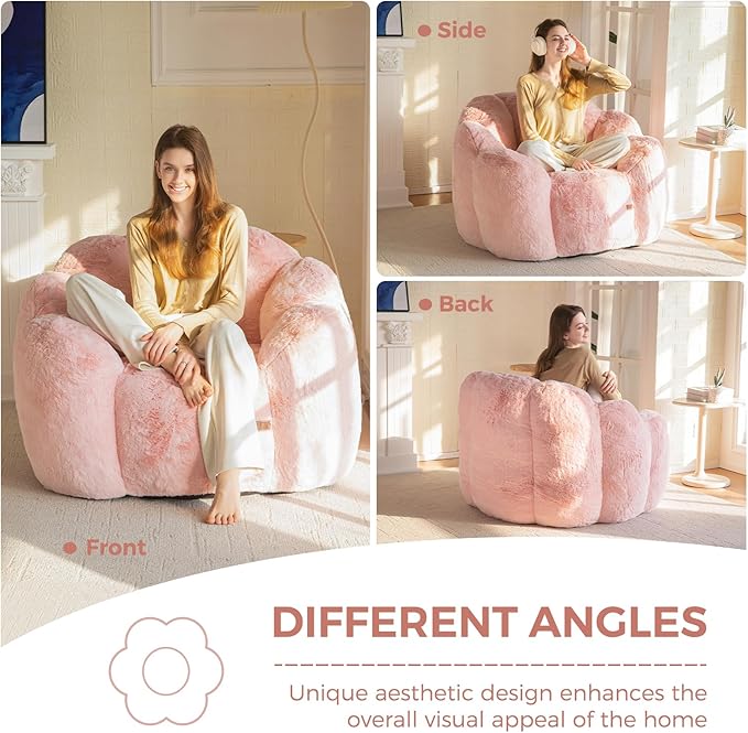 MAXYOYO Bean Bag Chair for Adults, Floral Shaped Bean Bag Sofa, Ultra Soft Faux Fur Floor Sofa, Large Reading Chair for Living Room Bedroom, Pink, Single