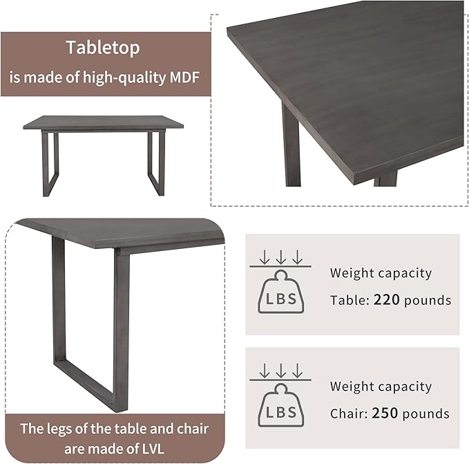 Ball & Cast 6 Piece Dining Table Set with 4 Ladder Back Upholstered Chairs and 1 Bench,Wooden Living Room Furniture W/ 60" Rectangle Kitchen Desk,for Restaurant,Home Bistro,Gray