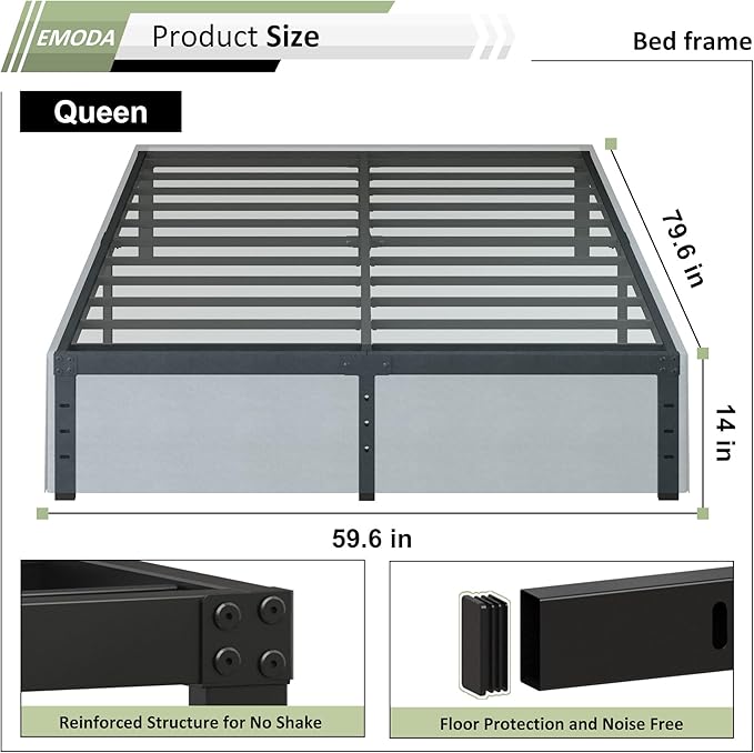 EMODA Queen Bed Frame with Cover No Box Spring Needed, 14 Inch Heavy Duty Metal Platform BedFrame Queen Size with Steel Slats, Easy Assembly