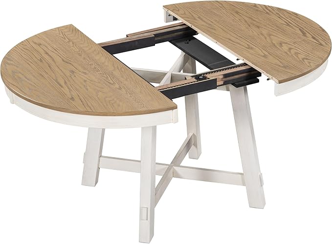 Farmhouse Style Expandable Round to Oval Dining Table with 16" Removable Leaf, Solid Wood Extendable Tabletop with Cross Trestle Legs, Space-Saving Kitchen-Tables for Home Apartment Restaurant