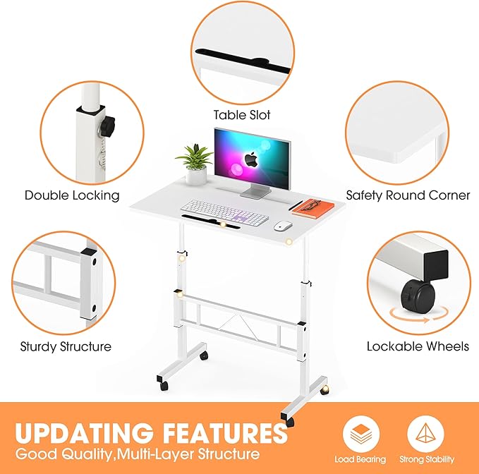 Klvied Small Standing Desk Adjustable Height, Mobile Table with Wheels, Portable Laptop Table, Standing Computer Desk for Walking Pad (White)