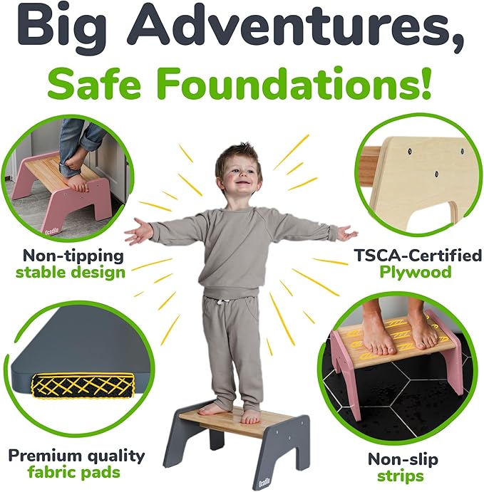 1-Step Wooden Step Stool for Toddlers | Kids Step Stool for Bathroom Sink, Kitchen, and Potty Training | Non-Slip Stool for Toilet Independence | Wooden Step for Children Ages 2+ Pink