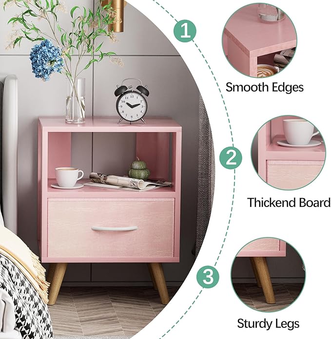 Night Stand, Pink Kids Nightstand with Drawer, Nursery Side Table with Open Storage, 2-Tier Modern End Table, Bedside Table for Small Space, Living Room, Bedroom
