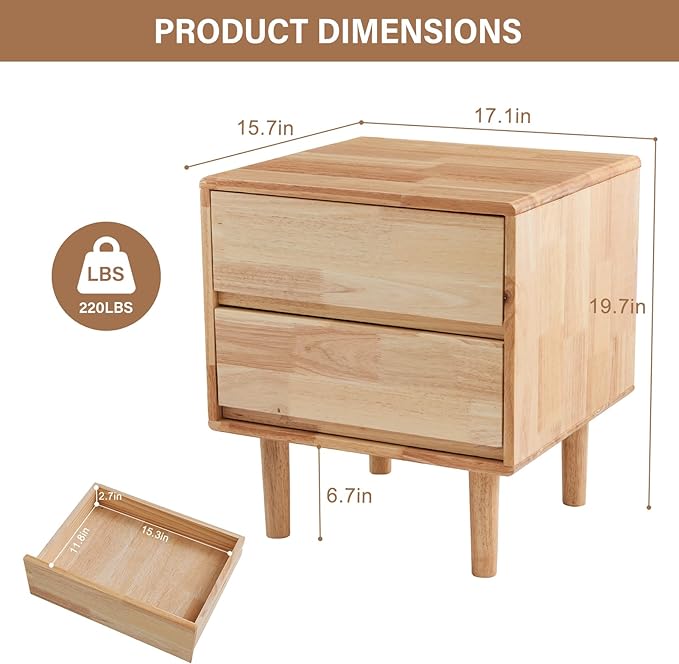CozyDH Natural Wood Nightstand with Drawers, Solid Wood Nightstand End Table, 19" Bedside Table for Bedroom, Sofa Side Table with Wooden Legs Living Room