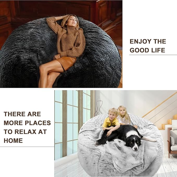 (No Filler) Bean Bag Chair Cover Without Filler,Big Round Soft Fluffy PV Velvet Washable Bean Bag Lazy Sofa Bed Cover for Adults,Living Room Bedroom Furniture Outside,6ft Snow Grey
