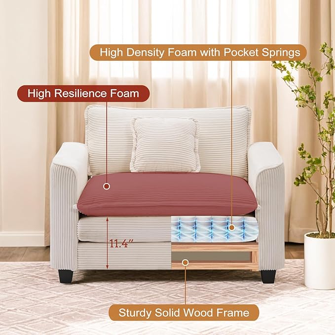 Furniliving Oversized Accent Chair with Ottoman, Luxury Corduroy Single Sofa, Upholstered Deep Seat Chaise Lounge with Pillows for Living Room, Bedroom, Apartment, Beige