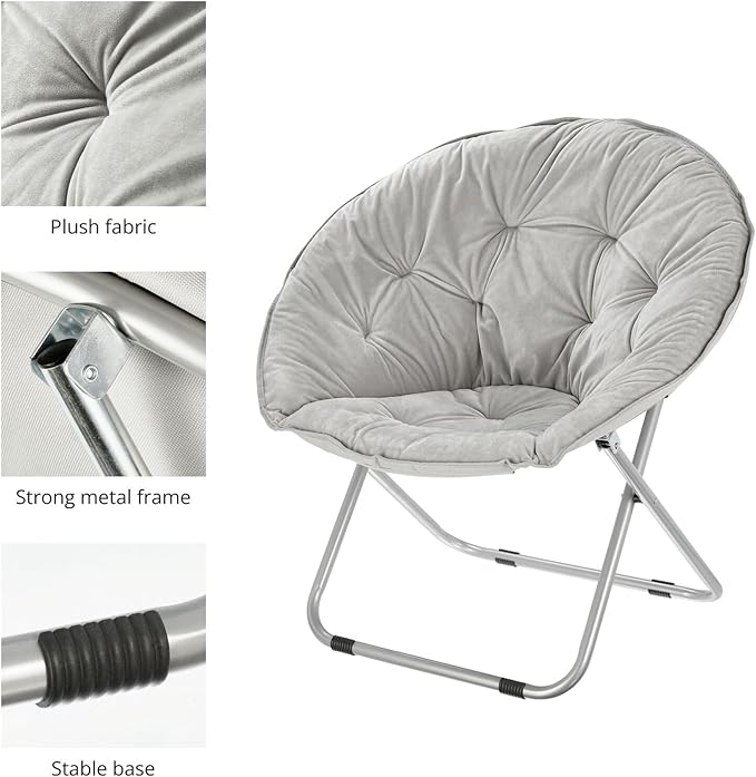 mDesign Urban Papasan Folding Moon Chair - Large Saucer UFO Chair with Collapsible Metal Frame - Fuzzy Foldable Dish Seat for Home Office, Living Room, Dorm Room, and Bedroom - Gray/Silver