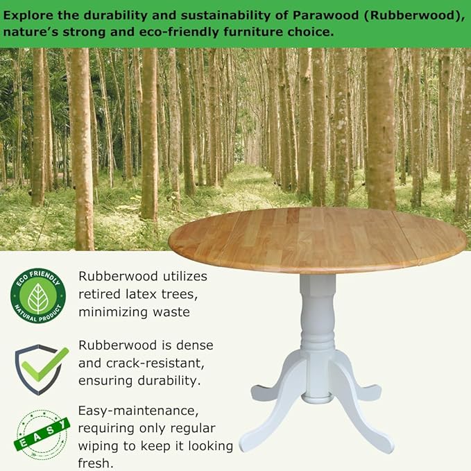 42" Round Dual Drop Leaf Pedestal Dining Table, Solid Wood, Easy Assembly, 20mm Top Thickness, Kitchen/Dining Room, Includes Two 9" Drop Leaves, Durable Parawood Construction, Unfinished
