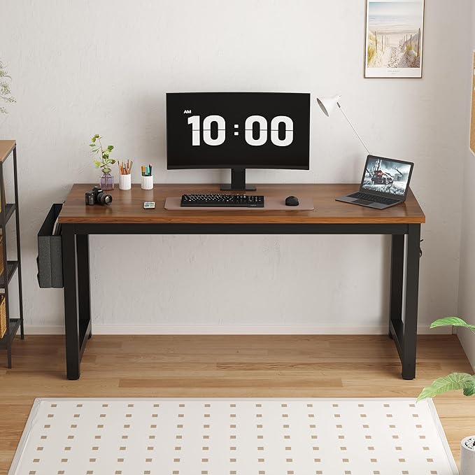 Large Computer Desk - 63 Inch Home Office Desks Study Student Writing Table Gaming Desk Wood Modern Simple Table with Storage Bag & Headphone Hooks, Brown