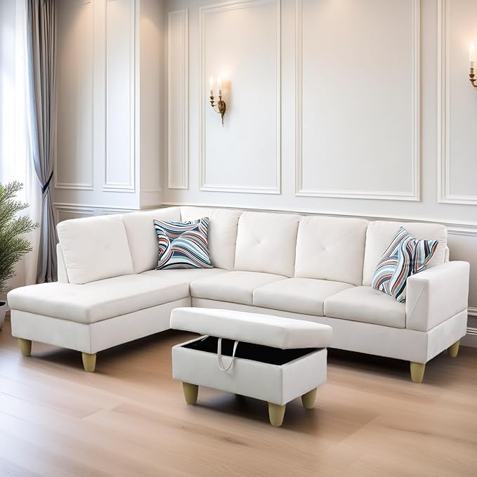 L Shaped Sectional Couch Sofa, Modern Couches for Living Room, Comfy 4 Seat Modular Sectional Sofa with Ottoman Storage for Bedroom Apartment, White