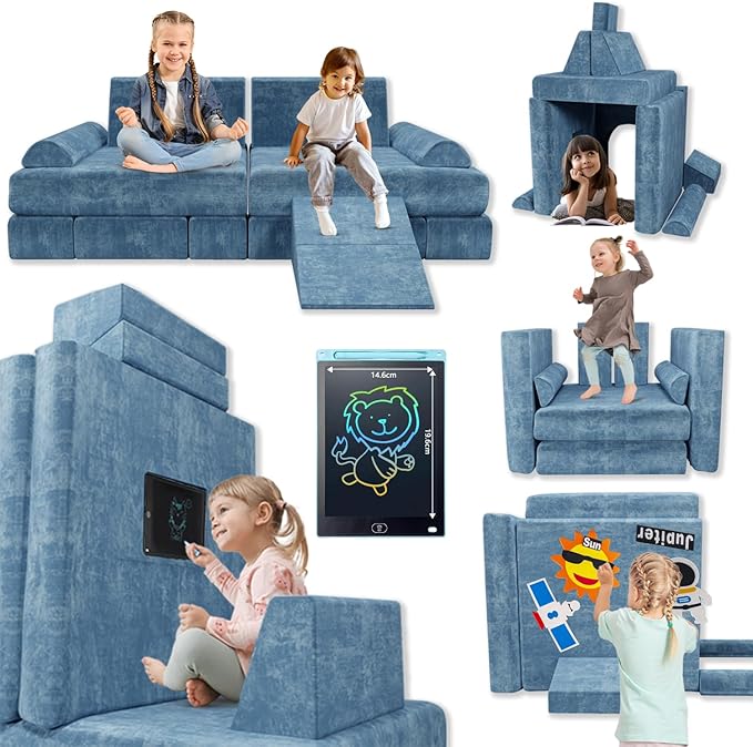 Modular Kids Play Couch & Sofa with Doodle Board & Stickers, High-Density 27D Foam Set, Convertible Folding Child Couch with Washable Covers, Durable Kids Furniture for Playroom - Dark Grey