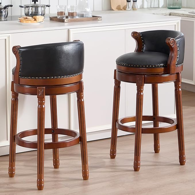 Cow top Leather Wooden Bar Stools, 29.5" Bar Height Bar Chair with Back, 180 Degrees Swivel Barstools Chair for Home Kitchen Counter,Dining Room (Black-2pcs, Bar Height-Seat Height 29.5”)