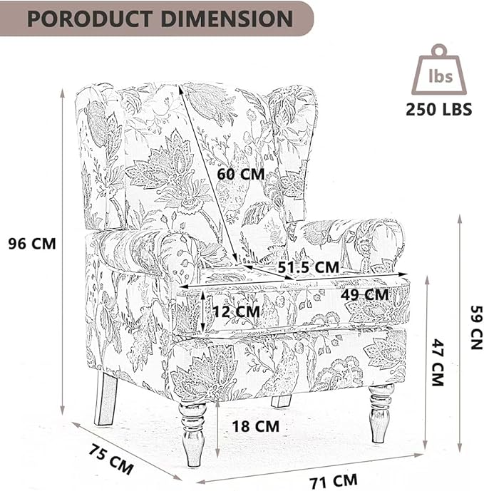 Ball & Cast Modern Accent Chair,Comfy Upholstered Armchair with Retro Wood Legs,Floral Design Single Sofa Chair,Living Room Furniture for Apartment,Bedroom,Office,Linen Fabric,Floral Cyan