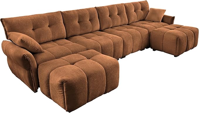 Modern Chenille Fabric 4-Seat Sofa w/Two Ottoman+2 Pillows, Premium Upholstery Living Room Couch with Tufted Backrest & Comfortable Armrests and High-Resilience Memory Foam Cushions,Orange