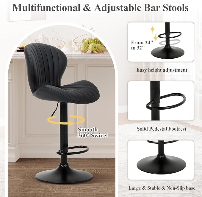 COLAMY Bar Stools Set of 1, Modern Swivel Bar Chairs, Adjustable Faux Leather Upholstered Barstools Counter Height with High Backrest for Bar, Kitchen Island, Dining Room, Black