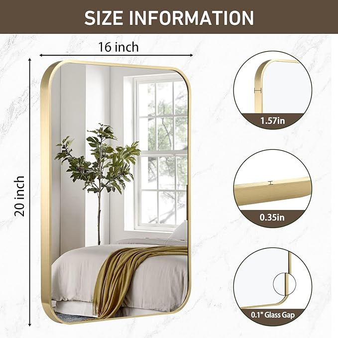 Gold Bathroom Mirror, 16x20 Inch Brushed Gold Aluminum Alloy Framed Rectangle Wall Mirror, Crystal Clear Reflection, Anti-Rust, Easy to Install Vertically or Horizontally