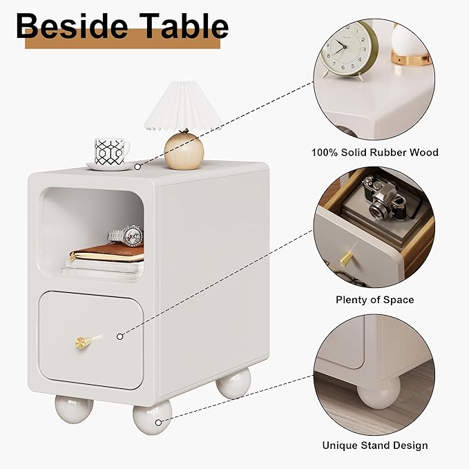 Solid Wood Night Stand, Narrow Nightstand with Drawers, White Mid Century Modern Nightstand, Small Beside Table with Open Storage Shelf for Bedroom (10 inch)