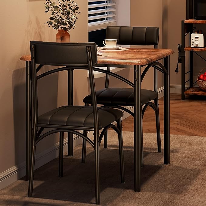 GarveeHome Dining Table Set for 2, Kitchen Table with 2 Upholstered Chairs, Wood Square Dining Table and Chairs Set for Small Space, Apartment, Dinner, Rustic Brown