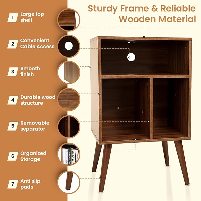 Record Player Table – 20 x 15.75 x 32 Inches- Vintage Decor Side Table with Wood Legs, Record Holder Stand - Walnut Finish Retro Furniture Storage Cabinet for Living Room, Bedroom, Kitchen