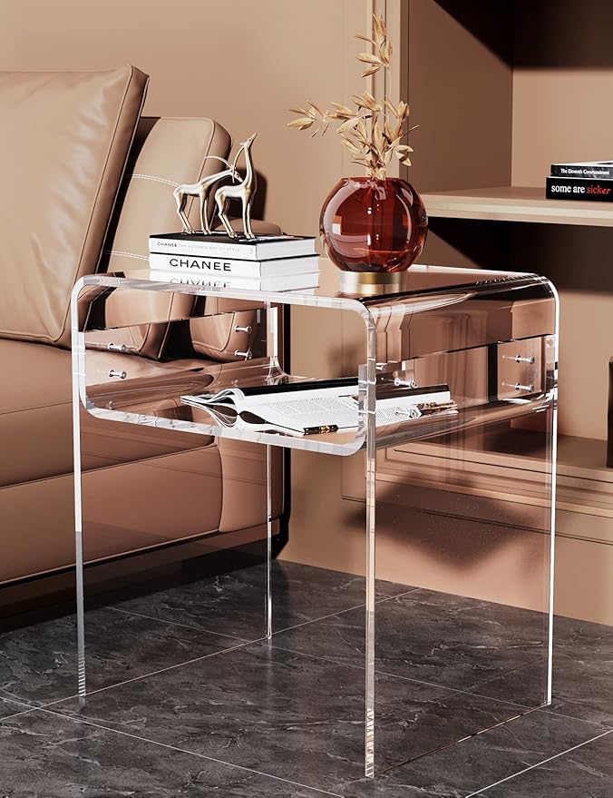 Clear Acrylic End Table 2-Tier Bedside nightstand for Living Room Bedroom Home Decor (Clear)
