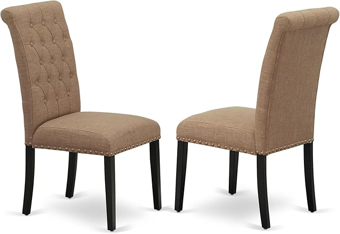 East West Furniture AMBR3-BCH-17 3 Piece Dining Table Set Contains a Round Kitchen Table with Pedestal and 2 Light Sable Linen Fabric Upholstered Kitchen Chairs, 36x36 Inch, Black & Cherry