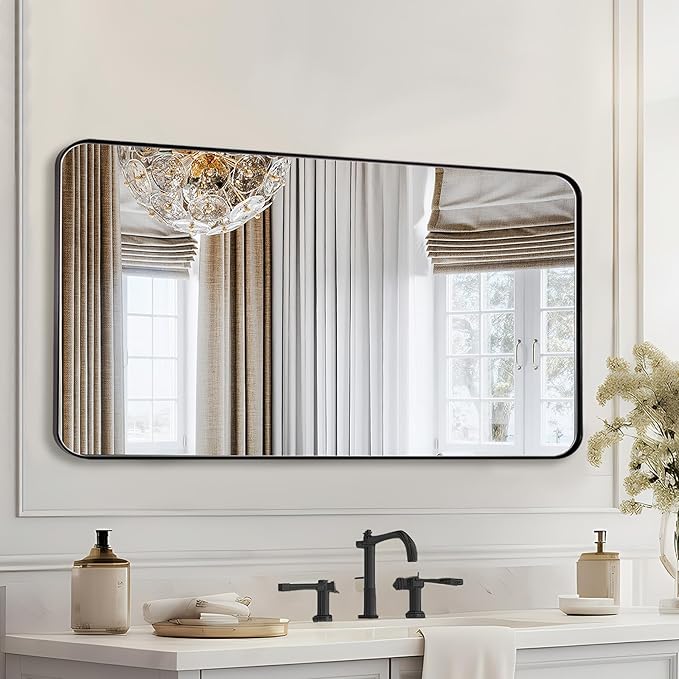 Black Mirrors for Bathroom, 24"x40" Rounded Corner Rectangle Mirror, Modern Metal Frame Bathroom Vanity Mirror for Home Decor Living Room Entryway (Horizontal/Vertical)
