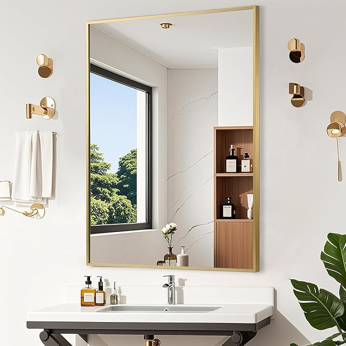 Gold Bathroom Mirror, 20"x30" Rectangle Mirror, Brushed Gold Mirror, Metal Frame Square Corner Vanity Mirror, Wall Mounted Mirror for Modern, Living Room, Bedroom, Horizontal Or Vertical