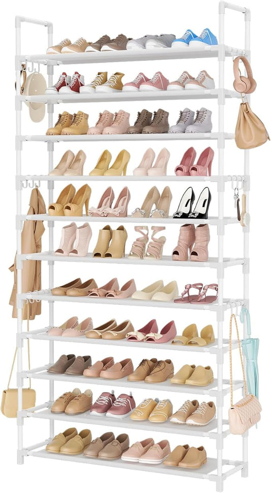 11 Tiers Tall Shoe Rack Holds 55 Pairs of Shoes with 18pcs Hooks Sturdy Wide Shoe Organizer Storage Free Standing Metal Shoe Shelf for Closet, Entryway White