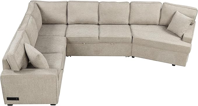 126" Extra Large Pull-Out Sofa Bed with Drop-Down Cup Holder Tables,L-Shaped Sectional Cozy Couch W/Charging Device,Convenient Sleeper Furniture Set for LivingRoom Apartment,Black Chenille