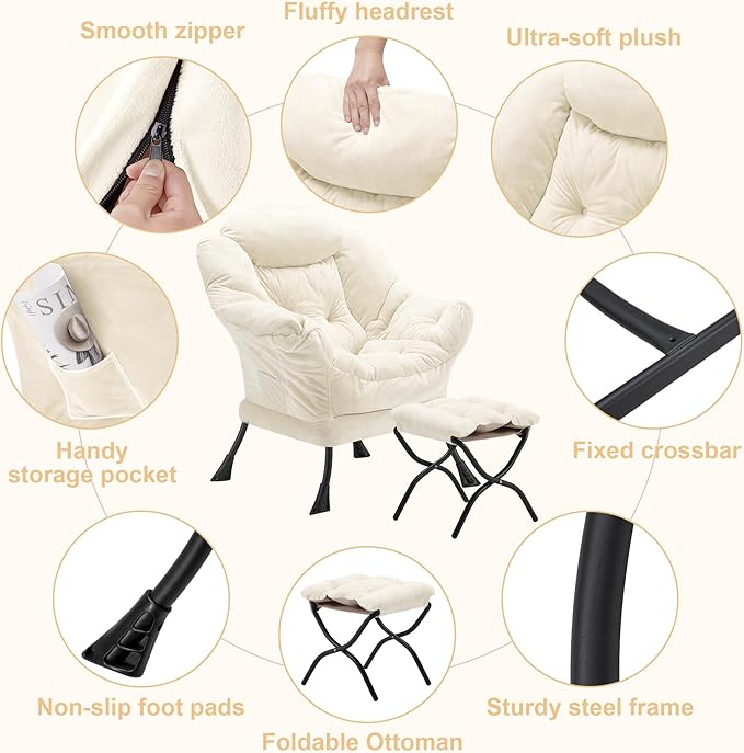 Fabric Lazy Chair with Ottoman, Oversized Upholstered Sofa Chair for Adults, Plush Comfy Lounge Chair with Large Side Storage Pocket, Reading Chair for Living Room, Bedroom, Study Room, Beige