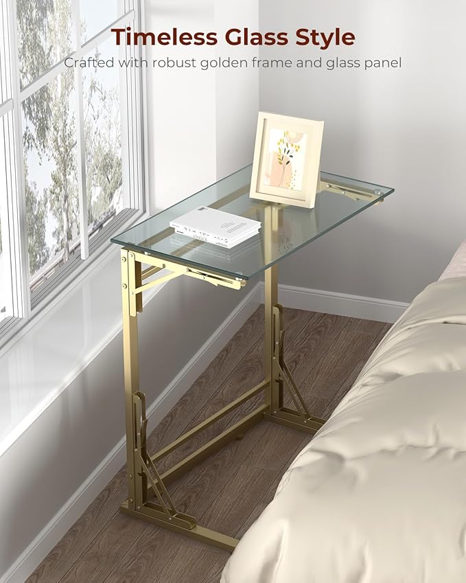 Tatub 24" Folding TV Tray Table Set of 2, Glass C Shaped End Table for Couch, Small Sofa-Side Laptop Desk with Gold Metal Frame for Living Room, Bedroom, Bedside
