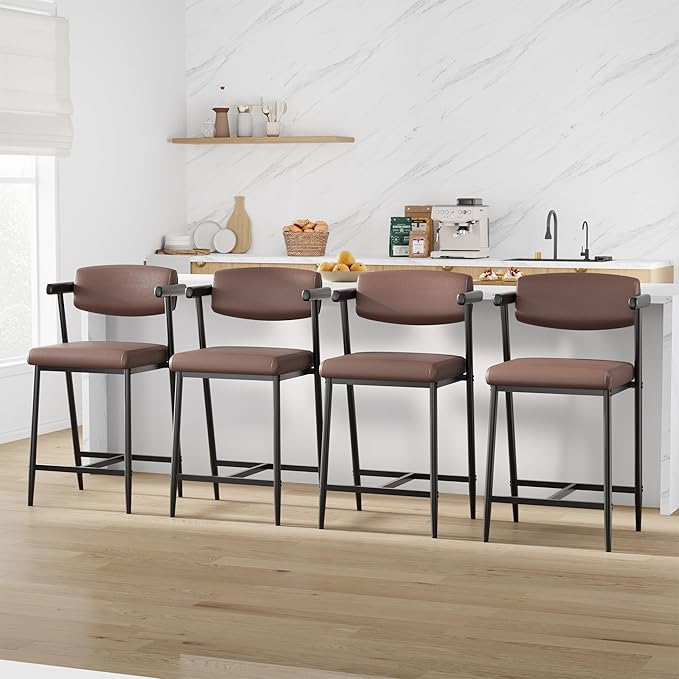 GarveeHome Counter Height Bar Stools of 4 with Armrests, 4 Piece Counter Height Bar Stools Set with Back, Upholstered Seat & Metal Footrest for Kitchen Islands, Counter Bars, Retro Brown