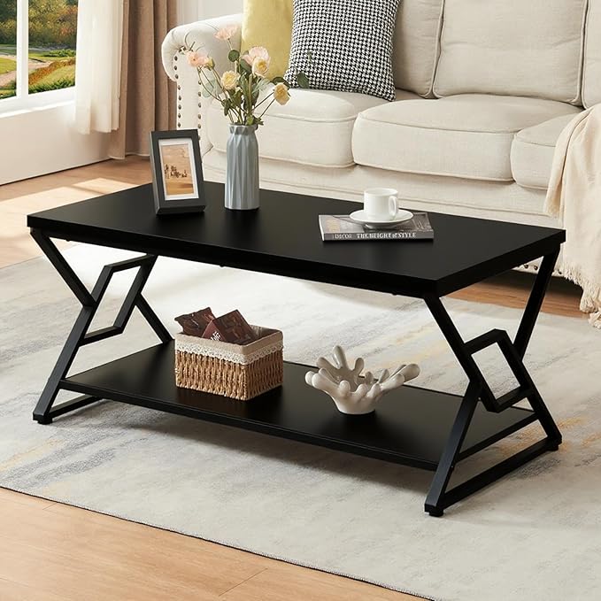 HOMISSUE Coffee Table, Rustic Rectangle Coffee Table with 2-Tier Storage, Engineered Wood Center Table with Open Shelves, Minimalist Coffee Table for Living Room, 39 Inch, Black