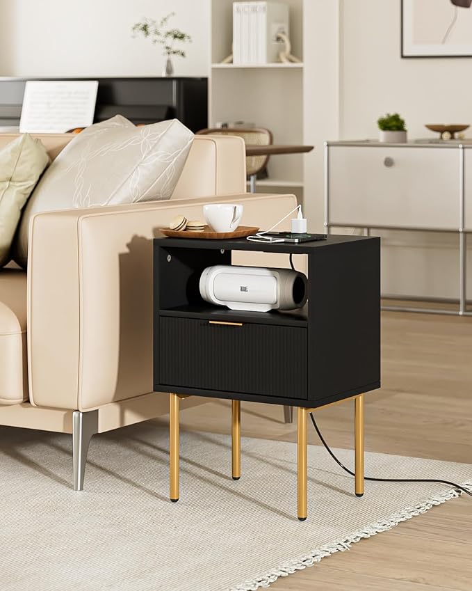 Nightstand,Small Bedside Table with Gold Frame,Morden Night Stand with 2 Drawer,End Table,Side Table with Drawer and Shelf for Bedroom,Living Room (Black-1Drawer-Outlet)