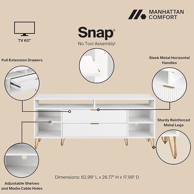 Manhattan Comfort Dumbo Mid Century Modern TV Stand for Televisions up to 60 Inches, Home Entertainment Center with Storage, 6 Shelves, 2 Drawers, No Tool Assembly, 63" Wide, White