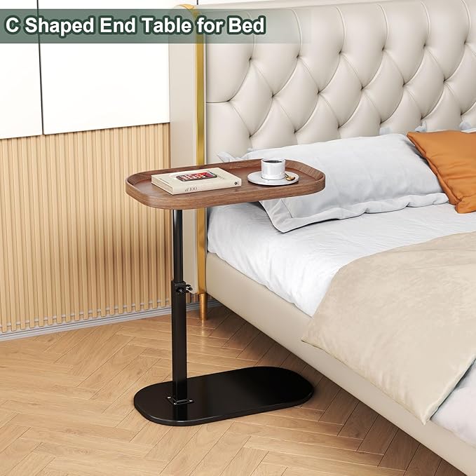 C Shaped Side Table Adjustable Height, 360°Swivel C Shaped End Table, Couch Side Tables That Slide Under, Small Coffee C Table End Table for Sofa/Bed/Bathtub, Rotating Elevate Tabletop (walnut)
