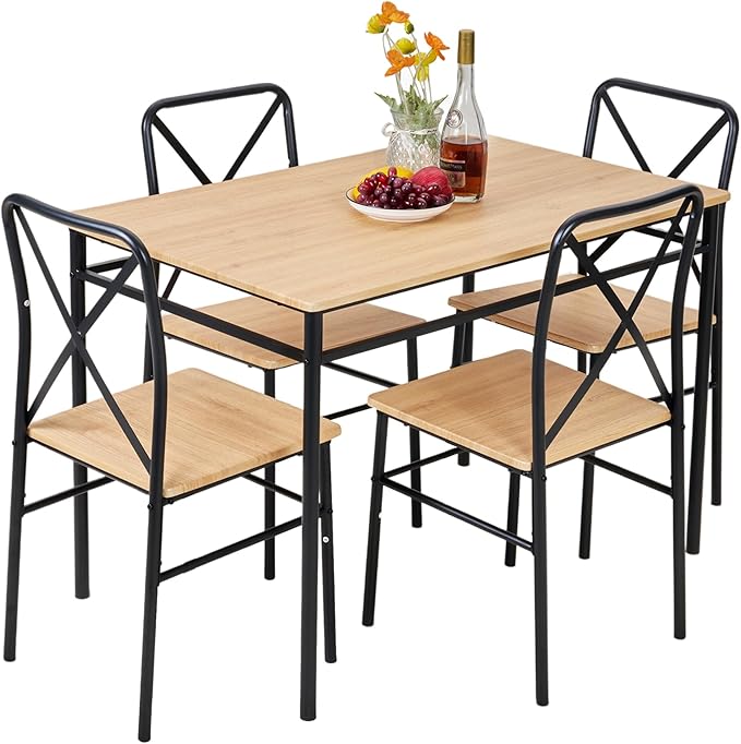 VECELO 5-Piece Kitchen Dining Table Set, Wood Tabletop & Heavy-Duty Metel Frame, Rectangle Dinette with 4 Chairs for Small Space, Breakfast Nook, Natural & Black