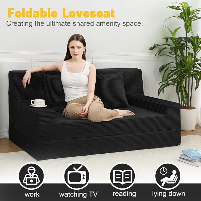 MeMoreCool Boneless Folding Sofa Bed Queen, Corduroy Convertible Sleeper Chair, Foldable Foam Mattress Chair, Comfy Fold‑Out Futon Couch Bed, Large Floor Sofa Couch for Living Room Guest