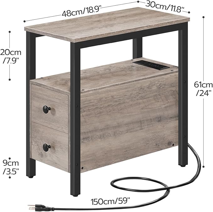 HOOBRO End Table with Charging Station, Narrow Side Table with 2 Drawers & USB Ports & Power Outlets, Nightstand for Small Spaces, Bedroom, Living Room, Stable and Sturdy, Greige and Black BG541BZ01